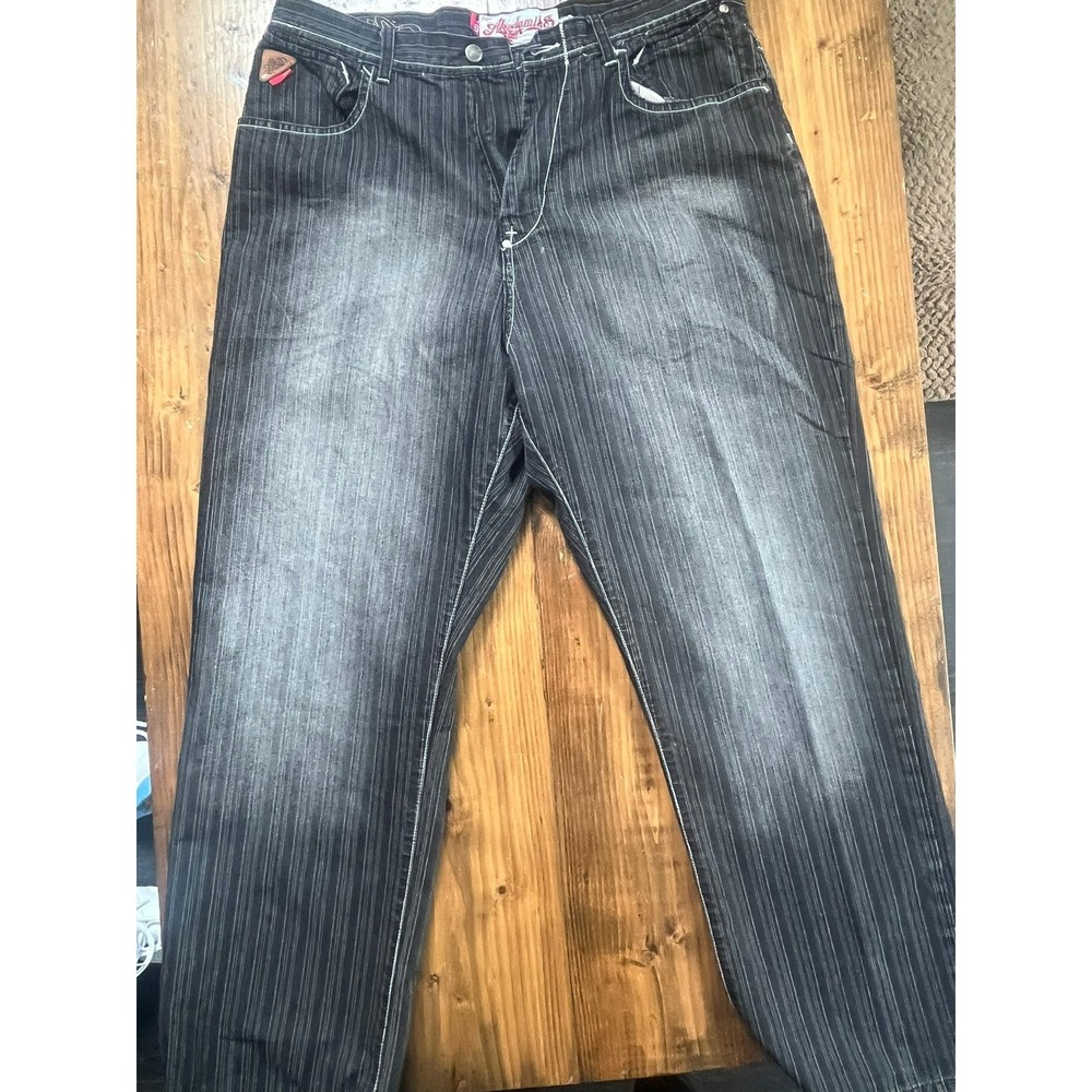 Akademiks Vintage‎ Y2K Pinstripe Baggy Jeans Mens 36 Black Faded Streetwear